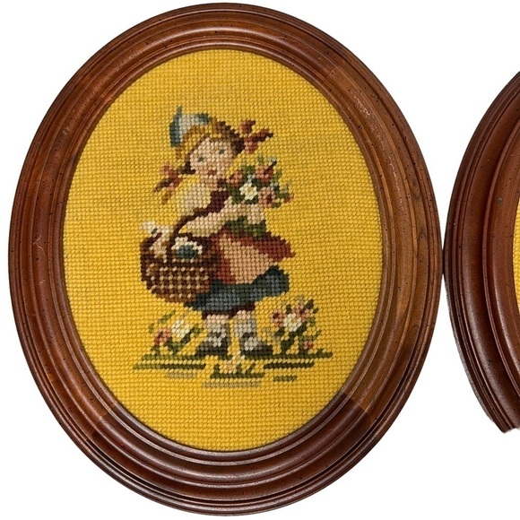 Vintage Needlepoint Hummel-Look Girl & Boy Oval Framed Petit Point Wood Gold - Picture 2 of 7